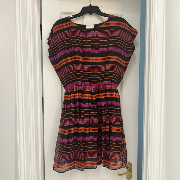 aryn k silk dress Anthropologie | Dresses | Aryn K Anthropologie Silk Striped Black Orange  Magenta Mini Dress M